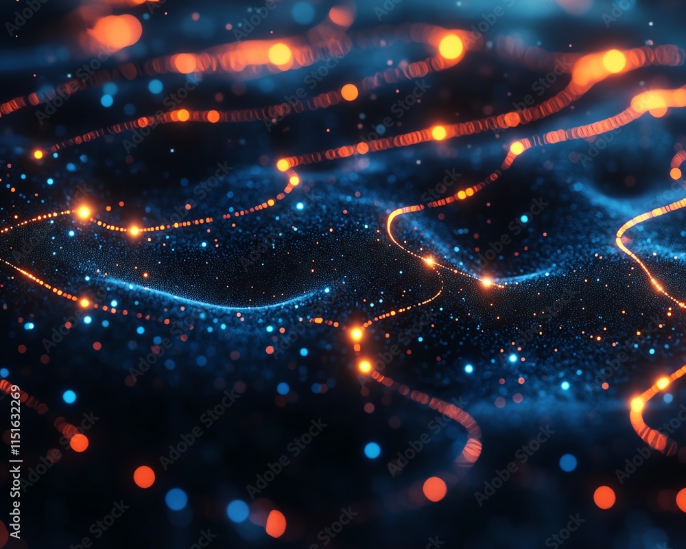 Poster digital social network concept in 3d, with user symbols linked by glowing lines, displayed on a dark