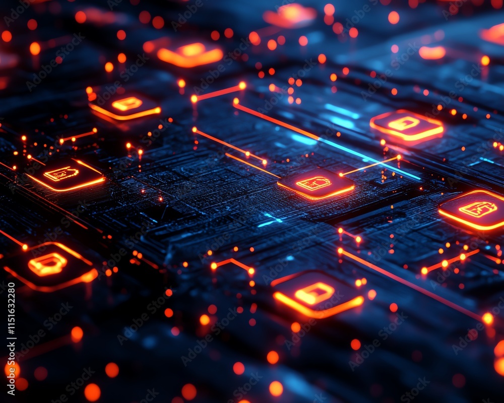 Poster digital social network concept in 3d, with user symbols linked by glowing lines, displayed on a dark