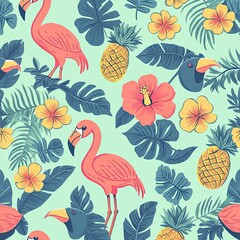 Naklejka premium A delightful tropical pattern with hand-drawn flamingos, toucans, and pineapples surrounded by palm leaves, hibiscus flowers, and coconuts in bright pastel tones of coral pink, mint green, and 