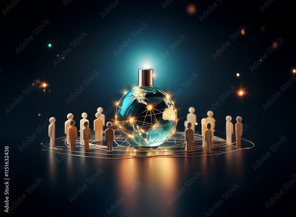 Poster a glowing orb, resembling a perfume bottle, depicts the world encircled by interconnected figures, s