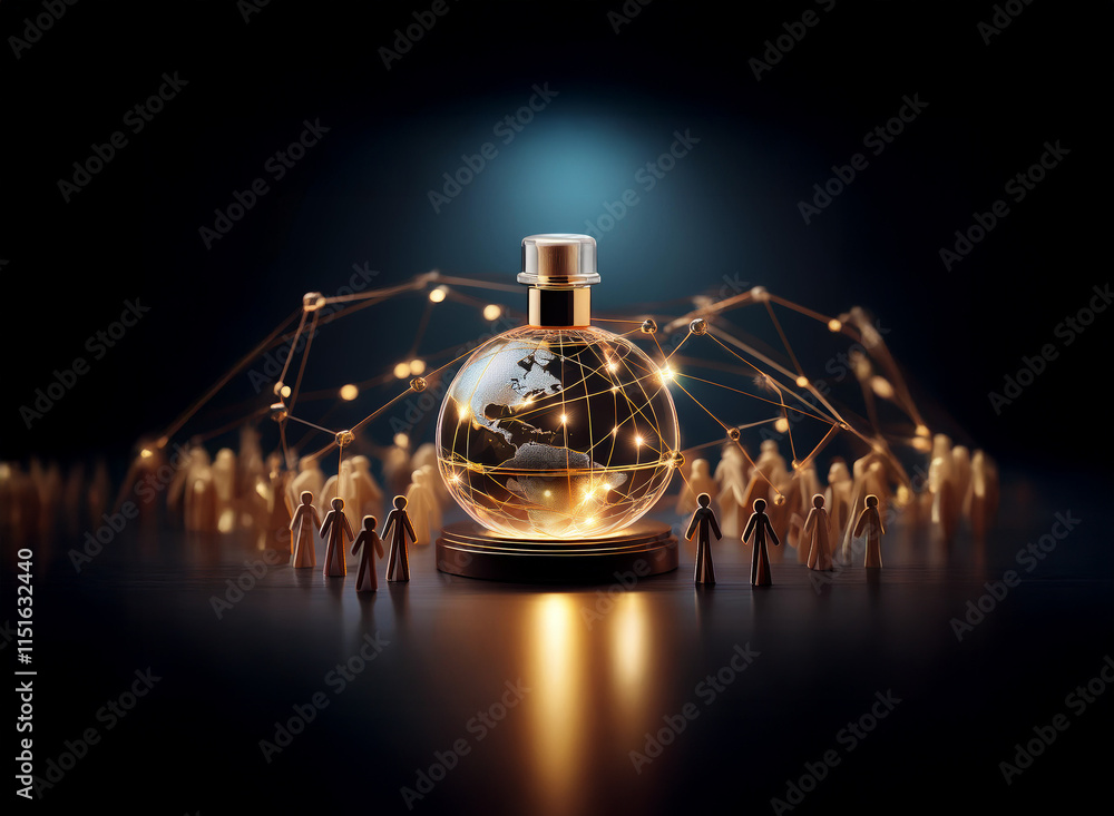 Poster A glowing glass globe, resembling Earth, sits on a pedestal surrounded by small figures connected by a network of light.  It symbolizes global connection and shared resources.