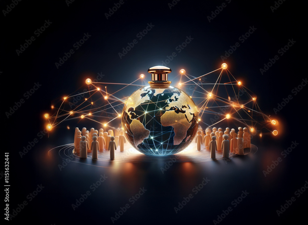 Poster A golden orb, resembling a perfume bottle, encases a glowing earth, connected to a global network of illuminated nodes and surrounded by small figures.  This symbolizes global connection and shared ex