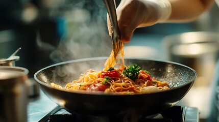 Gloved Hand Adding Noodles to a Steaming Wok of Pasta with Tomatoes and Herbs
