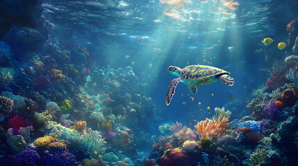 Fototapeta premium Majestic Sea Turtle in Vibrant Coral Reef: Underwater Paradise