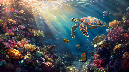 Fototapeta premium Majestic Sea Turtle in Vibrant Coral Reef Underwater Scene