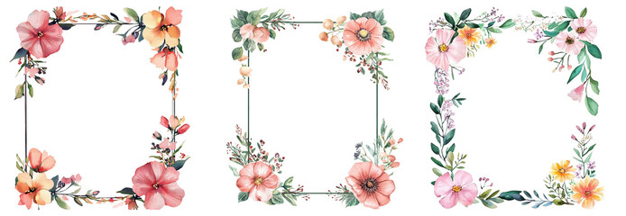 Three elegant watercolor floral frames, perfect for invitations, cards, or digital designs.  Delicate pink, peach, and yellow blossoms with lush green foliage.