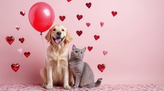 Golden retriever and gray cat with red heart balloon on valentine's day. The 14th of February. Happy Valentine's Day - Powered by Adobe
