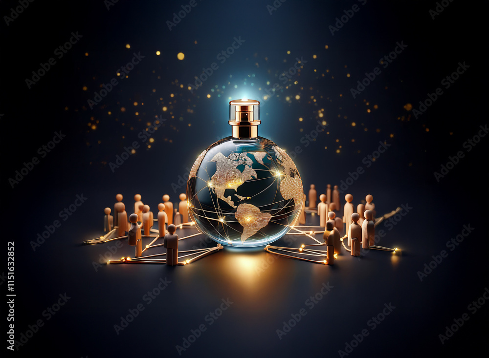 Poster a luminous perfume bottle, shaped like the earth, sits at the center of a global network, connecting