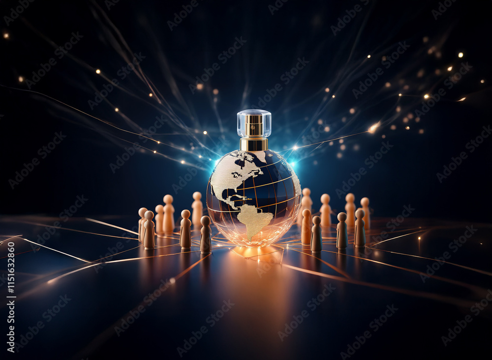 Poster a luxurious perfume bottle, resembling the globe, sits amidst a network of glowing lines and small f