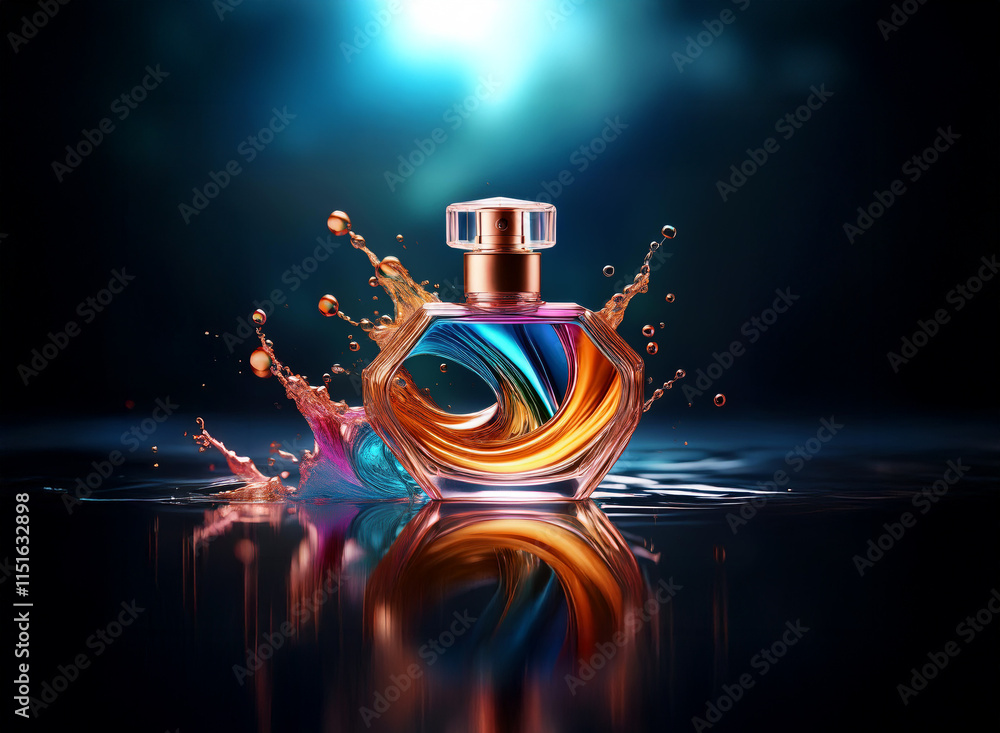 Poster a vibrant perfume bottle, iridescent and multifaceted, sits amidst a splash of colorful liquid. its 