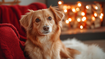 Cozy dog resting on red blanket with warm lights in background