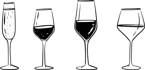 Whimsical wine glasses. outline isolated on white background. Party collection