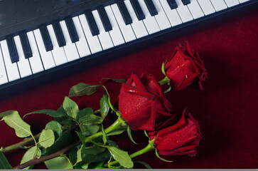 Three red roses, a synthesizer keyboard on a dark red tablecloth.