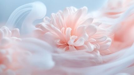 Fototapeta premium Flowers with smoke rising from their center, captured in the soft light and pastel color palette, petals and swirling clouds around them