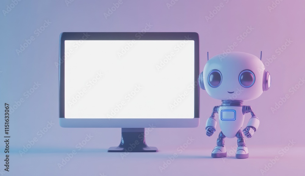Poster cute robot with blank computer screen