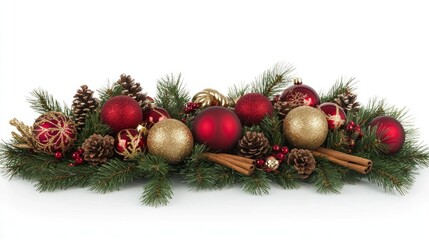 Festive Christmas centerpiece with red and gold ornaments, pine cones, and cinnamon sticks.