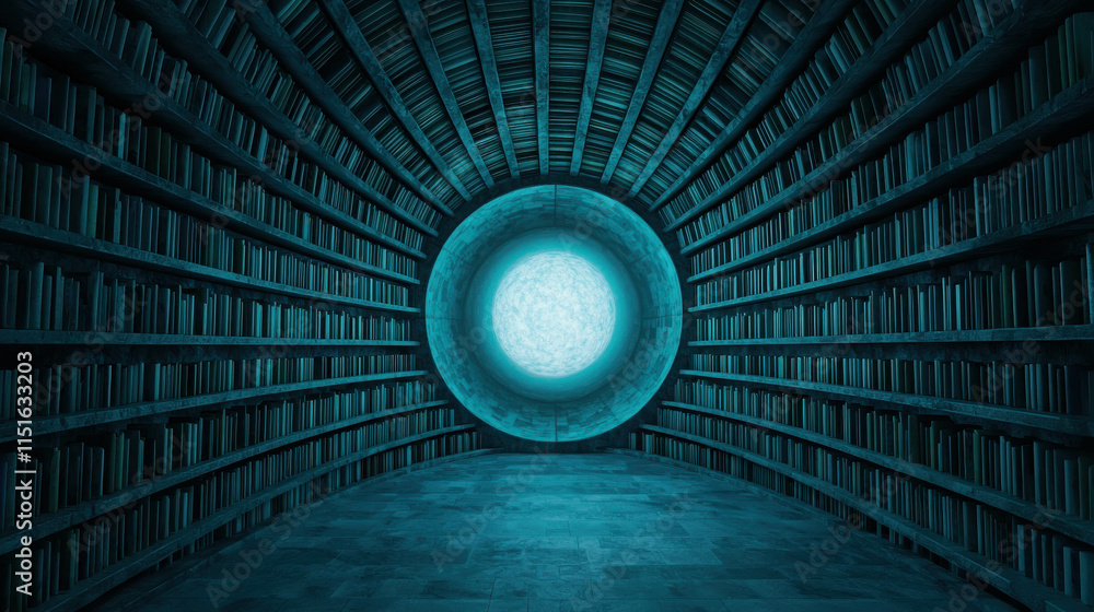 Poster futuristic library in void with suspended books and mystical portal effect