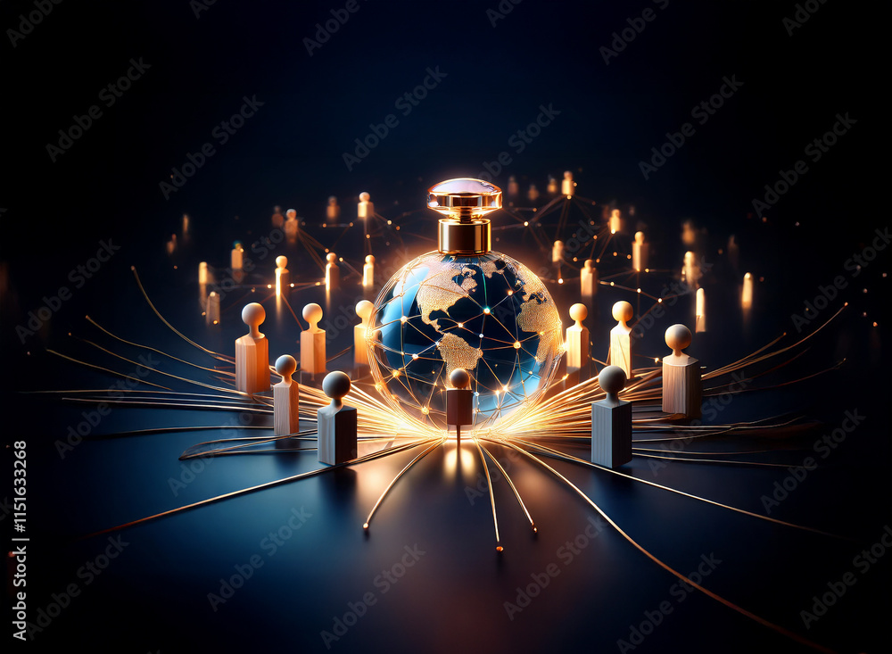 Poster a perfume bottle, resembling the globe, is encircled by interconnected figures, symbolizing global f