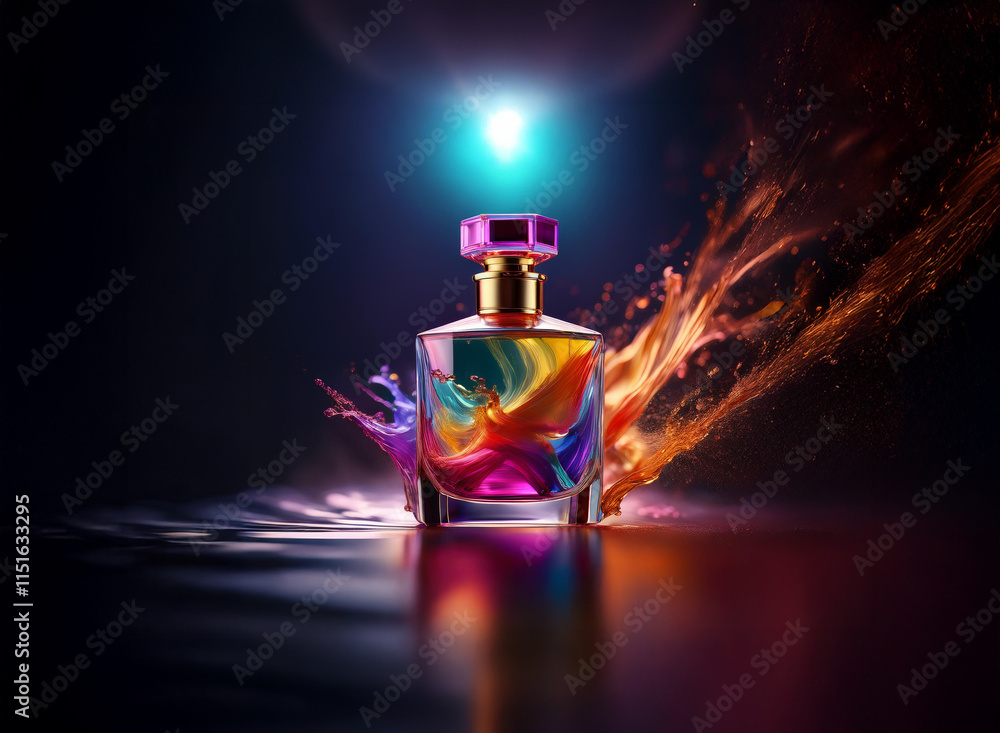 Poster a vibrant perfume bottle sits on a reflective surface, surrounded by a dynamic splash of colorful pa