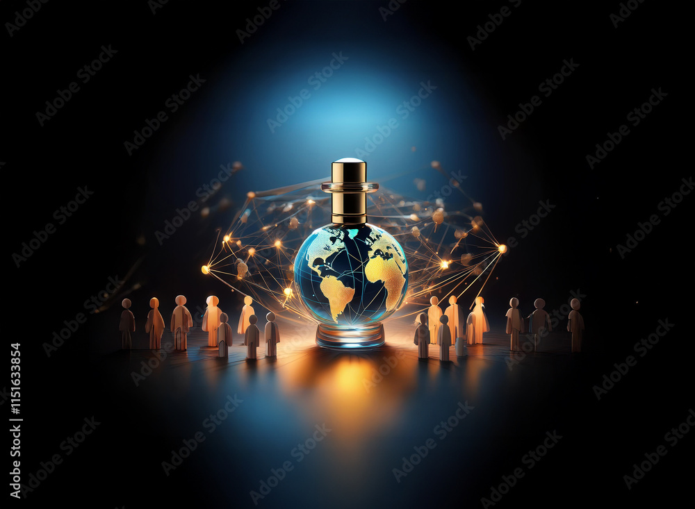 Poster global connection, a perfume bottle encasing the earth, surrounded by miniature figures, represents 