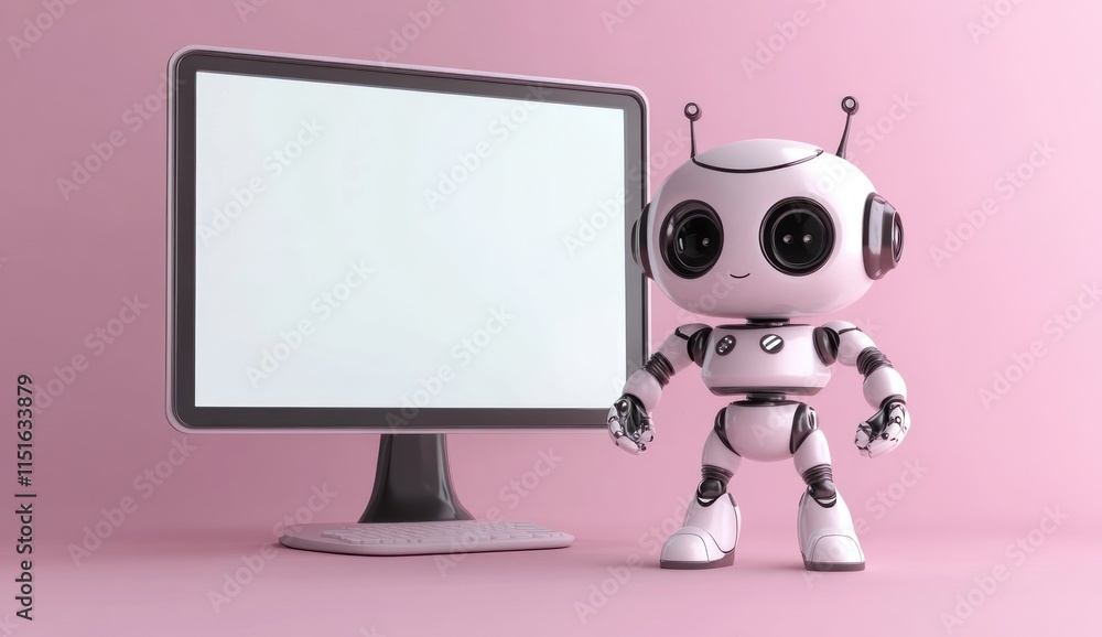 Poster adorable robot with blank computer screen: a futuristic pink setting