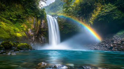 Majestic Waterfall with Rainbow in Lush Tropical Forest