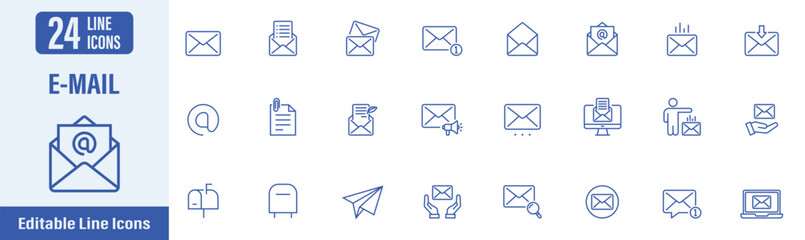 E-mail web icons in line style. Email, email message, email notification, notice, mailbox, post office, incoming message, outgoing message, envelope and more. Vector illustration.