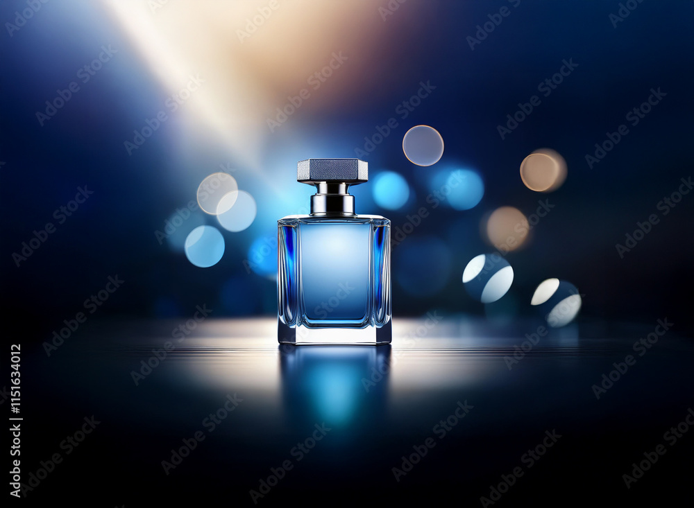 Poster a luxurious perfume bottle, elegantly displayed in a spotlight against a bokeh backdrop. the deep bl