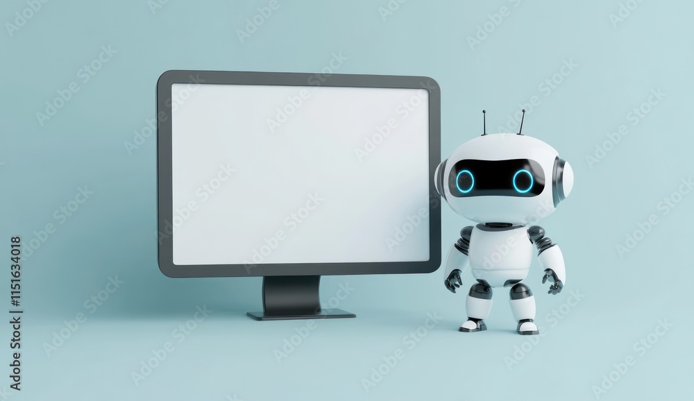 Poster cute robot presenting on a blank computer screen