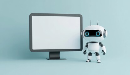 Cute Robot Presenting on a Blank Computer Screen