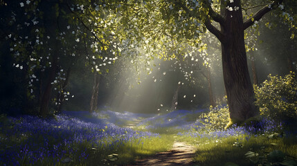 Obraz premium Enchanted Bluebell Forest: A Sunlit Path Through Spring Blossoms
