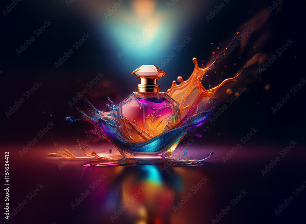 Poster a luxurious perfume bottle is showcased in a vibrant splash of multicolored liquid, dramatically ill
