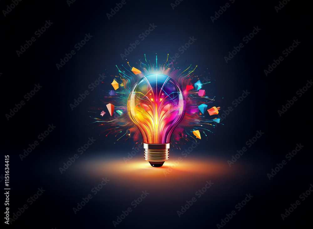 Poster a vibrant lightbulb explodes with colorful, abstract shapes, symbolizing creativity and innovative t