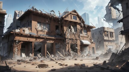 崩壊する町と住宅