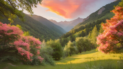 Obraz premium The sunset illuminates the mountain valley, revealing a captivating natural vista in the summer