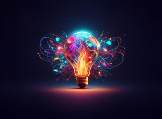 A vibrant lightbulb bursts with colorful energy, symbolizing creativity and innovative ideas.  The swirling trails of light depict the process of inspiration.