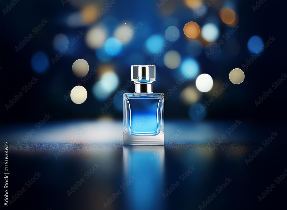 Poster A captivating blue perfume bottle sits on a reflective surface, illuminated by a bokeh of warm and cool lights.  The elegant square design is highlighted against the dark background.