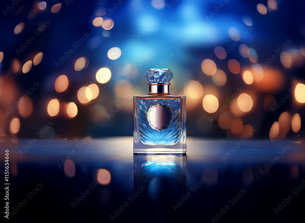 Poster A luxurious perfume bottle sits on a reflective surface, illuminated by a bokeh of warm and cool lights.  The elegant bottle design is highlighted against the blurred background.
