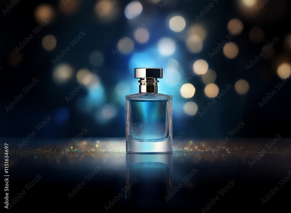 Poster Elegant perfume bottle with blue liquid, reflecting on a sparkling surface against a bokeh background.  A luxurious and sophisticated fragrance.