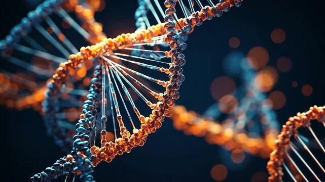 Video footage of close up of the intricate DNA double helix structure, showcasing the genetic blueprint of life with its detailed arrangement of nucleotides and helical twist