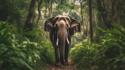 Fototapeta premium Majestic elephant standing on a forest path, surrounded by lush greenery.