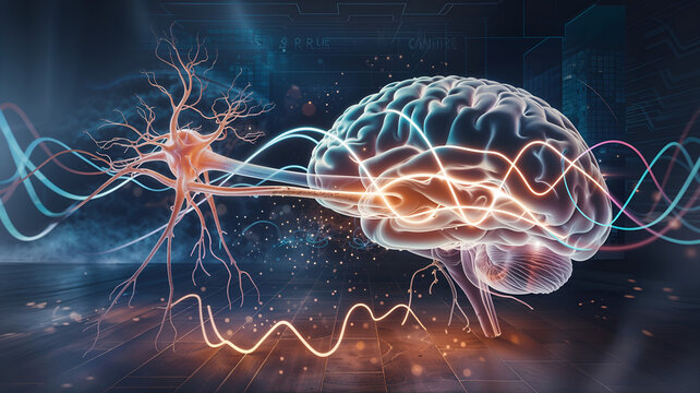 A vivid illustration of a brain connected to a neuron, featuring dynamic energy waves flowing between them. This compelling image captures the essence of neural connectivity and cognitive functions.