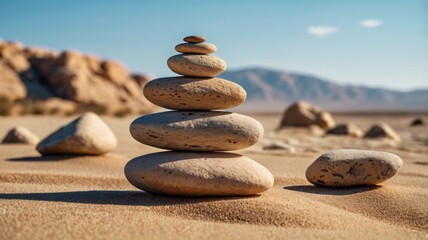 A minimalist desert landscape featuring smooth, perfectly balanced stones arranged in a tower against a vast blue sky