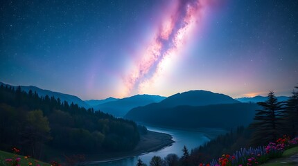 Spring Forest Mountain River in Nebula Starry Night