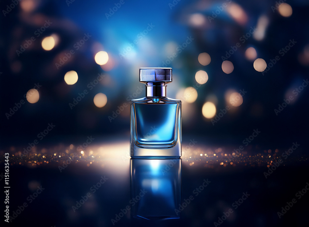 Poster elegant perfume bottle with a blue hue, reflecting on a sparkling surface. set against a dark blue b