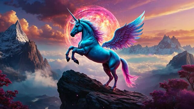 Video footage of majestic blue unicorn with wings stands on a rocky cliff, with a vibrant pink moon and a stunning mountain landscape in the background, creating a fantastical and enchanting scene