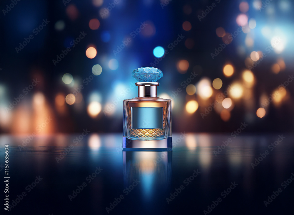 Poster a luxurious perfume bottle with a gemstone top sits on a reflective surface, illuminated by a vibran