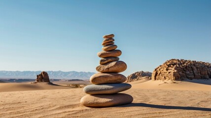 A minimalist desert landscape featuring smooth, perfectly balanced stones arranged in a tower against a vast blue sky