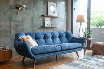 A blue couch with a white rug in front of it