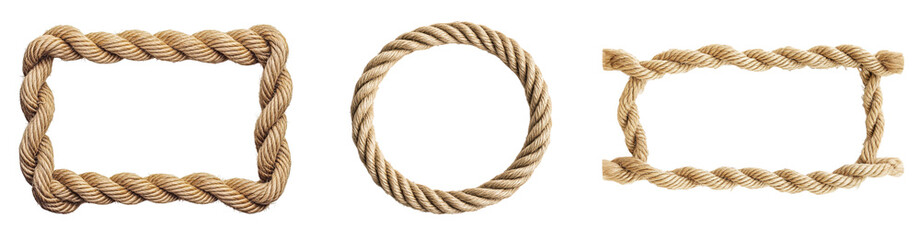 Three nautical rope frames; square, oval and rectangular shapes, isolated on transparent background. Perfect for design projects.